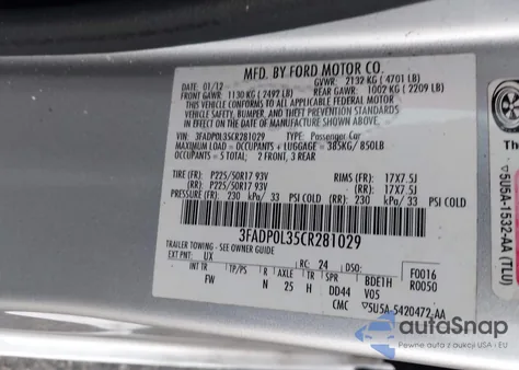 2012 Ford Fusion Hybrid z USA, uszkodzony, nr VIN 3FADP0L35CR281029